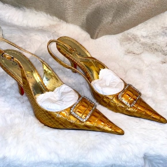 Mustard Croc Sling Back Mini Heels - Picture 3 of 3